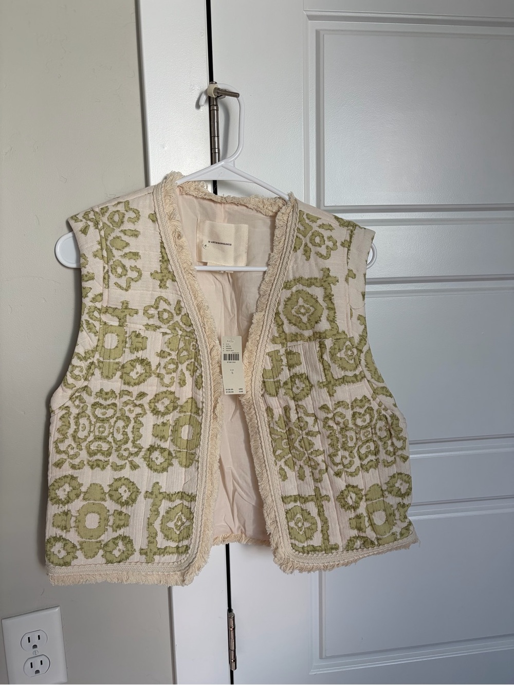 Anthropologie Cream Vest with Olive Pattern
